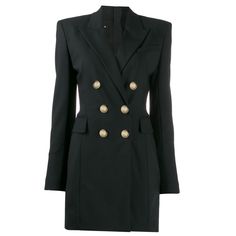 Are You One To "Blaze(R)" A Style Trail? Show Everybody That When It Comes To Fashion, You Mean Business With This Double-Breasted Blazer Dress From Balmain. Be In Charge Of Every Room You Enter. Featuring Notched Lapels, Gold-Tone Embossed Buttons, Structured Shoulders, Long Sleeves, Button Cuffs, A Rear Zip Fastening And Front Flap Pockets. 64% Wool, 30% Polyamide, 6% Elastane Luxury Black Blazer Dress, Luxury Black Business Dress, Double Breasted Blazer Dress, Balmain Clothing, Balmain Dress, Fall Trends Outfits, Office Attire, Breasted Blazer, Double Breasted Blazer