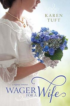 a woman in white holding a bouquet of blue flowers with the words wage wife written on it