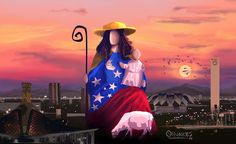 a woman in a hat and dress standing on top of a building with an american flag draped over her shoulder