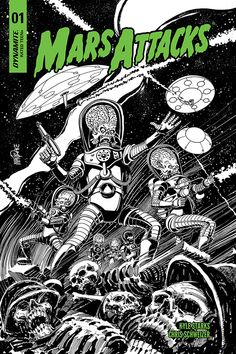 the cover to mars attacks is shown in black and white, with skulls on it