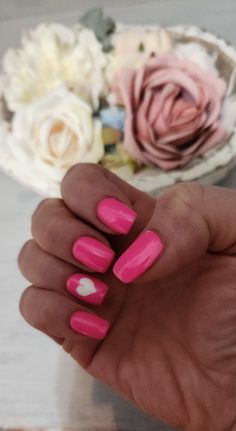 Valentine Nails #Valentinenails #pink #hotpink #oneheart #simple #shortnails #square Square, Pink