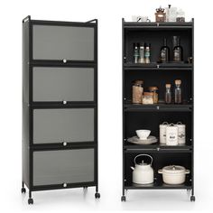 two shelves with different items on them and one shelf is black, the other is gray