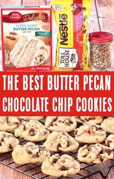 the best butter pecan chocolate chip cookies are on a cooling rack and ready to be eaten