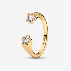 Elevate your style with the Shooting Stars Open Ring, crafted from our 14k gold-plated unique metal blend. This eye-catching piece features two star-cut clear cubic zirconia, each positioned at the ends of an open band adorned with a delicate shooting stars motif. Inspired by the idea that the world shines brighter when we’re with loved ones, it’s perfect for stacking with other rings or wearing solo for a celestial statement. Pair it with a simple bracelet for a festive look. - Pandora Shooting Good Ring Stack, Ring Inspo Jewelry, Stacking Rings Ideas, Chain Necklace Diy, Stacking Jewelry, Pandora Essence, Constellation Ring, Open Heart Ring, Pandora Gold