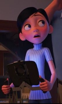 an animated character is holding a black object