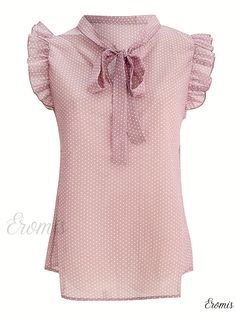 Eromis - Womens Polka Dot Bow Tie Blouse: Elegant Sleeveless Blouse featuring Casual Ruffle Trim, Perfect for Stylish Wardrobes Sleeveless Polka Dot Blouse For Spring, Sleeveless Polka Dot Blouse For Summer, Summer Sleeveless Polka Dot Blouse, Chic Polka Dot Blouse With Ruffles, Elegant Sleeveless Polka Dot Top, Fitted Polka Dot Sleeveless Blouse, Button-up Ruffle Blouse For Office, Polka Dot V-neck Top With Ruffles, Blouse Elegant