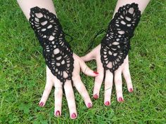 Crochet Lace Baby Romper: Cute and Cozy Gothic Crochet Gloves & Mittens, Crochet Hand Accessories, Crochet Goth Clothes, Crochet Lace Gloves, Gothic Crochet, Goth Crochet, Skull Crochet, Crochet Arm Warmers, Crochet Hand Warmers