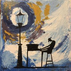 a painting of a man sitting at a piano in front of a street light and lamp post