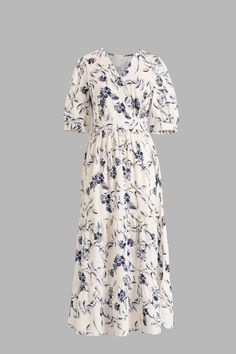 White Elegant Cotton Floral Midi Dress, Chic Cotton Floral Dress For Casual Wear, Cotton Floral Midi Dress For Day Out, Floral Print Long Dress For Daywear, Casual Maxi Length V-neck Dress For Garden Party, Chic Floral Cotton Dress For Day Out, Chic Cotton Floral Dress For Day Out, Floral Print Midi V-neck Dress For Day Out, Floral Midi V-neck Dress For Day Out