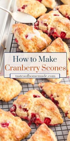 cranberry lemon scones on a cooling rack with a spoon in the foreground