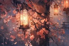 two lanterns are hanging from a tree with pink flowers on it and one light shines brightly