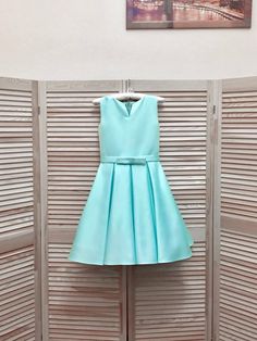 Blue turquoise mint pageant interview cocktail dress with belt/ Knee length dress/ Teens Interview o Satin Gown Designs, Pageant Interview Dress, Pageant Interview Outfit, Pageant Interview, Pageant Outfits, Gown Designs, Interview Dress, Interview Outfits, Pageant Girls