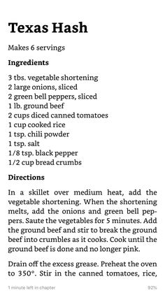 the recipe for texas hash is shown in black and white, with instructions to make it