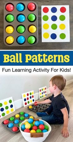 a boy sitting on the floor playing with colorful balls in front of an activity tray