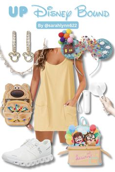 a woman in yellow dress and white shoes with disney bound items on her back, including purse