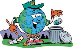 a poster with an image of a cartoon earth holding a shovel and a trash can