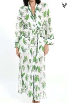 This unique robe is designed in California and printed in Jaipur, India. Made with 100% soft light-weight cotton this robe has a tailored, straight fit + Features a spacious pocket on each side, Matching belt and interior adjustable ties. Heidi Carey Home Wear Collection #HeidiCarey Elegant Spring Cotton Robe, Elegant Spring Home Robe, White Floral Print Kimono For Loungewear, Feminine Floral Print Robe For Loungewear, Elegant Cotton Robe For Daywear, Elegant Cotton Daywear Robe, Cotton Floral Print Robe For Daywear, Spring Floral Print Loungewear Robe, Green Spring Loungewear Robe