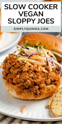 slow cooker sloppy joes on a white plate with chips and coleslaw