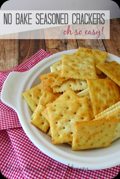 no bake seasoned crackers on a plate with red and white checkered tablecloth