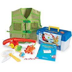 an assortment of toys including a vest, fish and other items in a play set