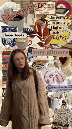 a collage of books, coffee cups, and other items in the shape of a woman's head