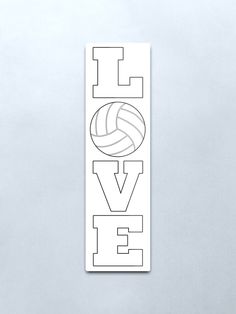 a white sticker with the word love and a volleyball ball in black on it