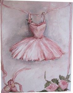 a painting of a ballerina's dress hanging on a clothes line with roses