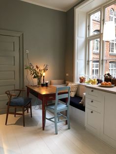 a kitchen with a table and chairs next to a window