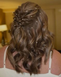 Bridal Hair inspo short curled hair wedding look pear hair accessories accents soft hairstyles Hairstyles Soft Curls, Soft Curls For Short Hair Wedding, Half Updo Hairstyles Short Hair, Curled Hair With Gems, Short Hair Soft Curls, Short Hair Wedding Styles Bridal, Soft Curls Wedding Hair, Soft Curls For Short Hair