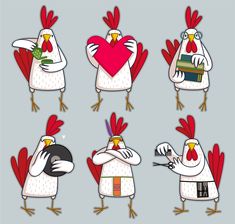 cartoon roosters in different poses with hearts on their heads and arms, one is holding a