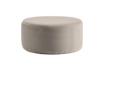 a small round ottoman with a light blue cover on the top and bottom, sitting in front of a white background