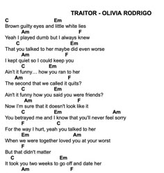 Traitor - Olivia Rodrigo CHORDS Songs Olivia Rodrigo, Easy Guitar Songs Chords, Piano Songs Chords, Ukelele Chords Ukulele Songs, Ukulele Songs Beginner, Song Chords, Uke Songs, Ukulele Chords Songs