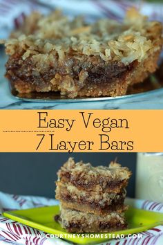 easy vegan 7 layer bars with coconut and chocolate toppings are the perfect dessert