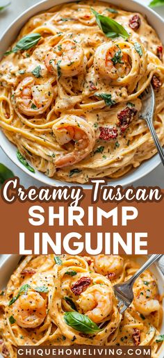 creamy tuscann shrimp linguine is served in a white bowl