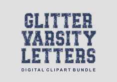 the words glitter varsity letters are shown in blue