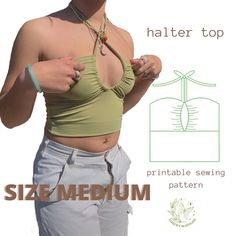 a woman wearing white shorts and a green top with the words, halter top printable sewing pattern