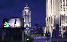 a city street at night with tall buildings and billboards on the sides that are lit up