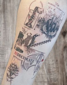 a person with a tattoo on their arm that has pictures and words all over it