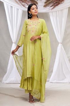 Shop for Made in Pinkcity Green Spun Silk Embroidered Kurta Set for Women Online at Aza Fashions Pista Green Fitted Anarkali Set With Floral Embroidery, Fitted Pista Green Anarkali Set With Floral Embroidery, Fitted Slub Silk Sets With Embroidery, Fitted Cotton Silk Palazzo Set With Chikankari Embroidery, Fitted Palazzo Set With Chikankari Embroidery, Fitted Pista Green Palazzo Set With Floral Embroidery, Fitted Floral Embroidered Salwar Kameez With Traditional Drape, Fitted Floral Embroidery Salwar Kameez, Fitted Slub Silk Kurta With Chikankari Embroidery