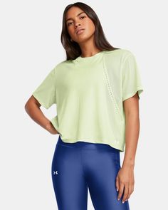 Lightweight knit fabric is breathable & ultra comfortable|Material wicks sweat & dries really fast|4-way stretch material moves better in every direction|Body-mapped, open-hole perforation for added breathability & ventilation where you need it most|Odor control technology minimizes odor Green Go-dry Activewear With 4-way Stretch, Green Workout Tops With 4-way Stretch, Green Mesh Stretch Activewear, Breathable 4-way Stretch Casual Top, Breathable Casual Tops With 4-way Stretch, Versatile Breathable Tops In Recycled Polyester, Green Mesh Breathable Activewear, Breathable Green Mesh Activewear, Green Breathable Mesh Activewear