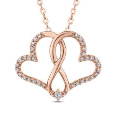 10kt Rose Gold and Diamond Interlocked Hearts Necklace Rose Gold Promise Jewelry For Valentine's Day, Rose Gold Double Heart Jewelry For Valentine's Day, Rose Gold Double Heart Promise Jewelry, Rose Gold Infinity Necklace For Anniversary, Valentine's Day Promise Necklace With Heart Pendant, Valentine's Day Heart Pendant Promise Necklace, Rose Gold Double Heart Necklace For Anniversary, Rose Gold Heart Necklace For Anniversary, Rose Gold Sterling Silver Double Heart Necklace