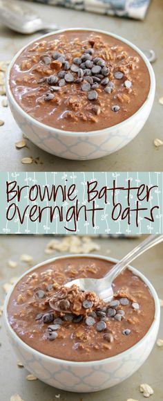 two bowls filled with brownie batter overnight oats and one bowl has chocolate chips on top