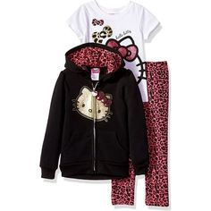 She'll be purr-fectly comfy in our Hello Kitty 3-Piece Hooded Legging Set. Made from a durable fabric, this girls' 3 piece play clothes set includes a graphic tee that features her favorite feline, Hello Kitty, with sequins on the with matching zip up hoodie while the coordinating ankle-length pants are decorated with an allover pattern of Hello Kitty's face or animal print that bring a fun contrast to the tee. Great for wearing together, she can pair these pieces with other Sets when she's in t White Hoodie Outfit, Coordinate Sets, Hello Kitty Hoodie, Play Clothes, Kitty Clothes, Charmmy Kitty, Girl Sweatpants, Toddler Stuff, Hello Kitty Clothes