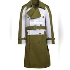 I Ordered This Amazing Super Fly Trench And It’s Too Large On Me. I’m About 5’4” 125lbs. I Thought It Would Be Like A 2, But To Me It Fits Like A Roomy Standard Small. Pretty Lightweight. 100%Cotton Shell, Polyester Lining. Spring Military Double-breasted Outerwear, Designer Gabardine Double-breasted Outerwear, Khaki Buttoned Outerwear For Streetwear, Casual Gabardine Outerwear With Button Cuffs, Designer Double-breasted Outerwear With Button Cuffs, Casual Spring Pea Coat With Snap Buttons, Designer Gabardine Long Coat, Adidas Green Outerwear For Winter, Adidas Green Winter Outerwear