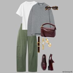 Emerald Green Style Outfit, Barrel Pants Outfit Winter, Green Barrel Pants Outfit, Green Olive Pants Outfit, Green Utility Pants Outfits, Gray And Green Outfit, Green Pants Outfit Casual, Charcoal Pants Outfit, Khaki Wide Leg Pants Outfits