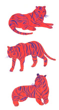 three red and blue tiger silhouettes against a white background, one is laying down