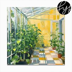 an oil painting of plants in a greenhouse