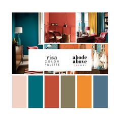 the color scheme for this living room is orange, teal, and blue