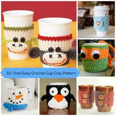 crochet coffee cup cozys with hot cups in the middle and penguin on top