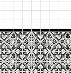 a black and white tiled wall with an ornate design on it's side, next to a tile floor